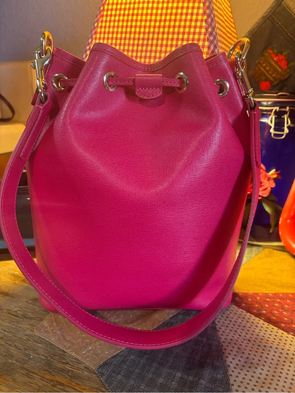 Dooney & Bourke Hot Pink Pebble Leather Drawstring Satchel - Picture 2 of 6